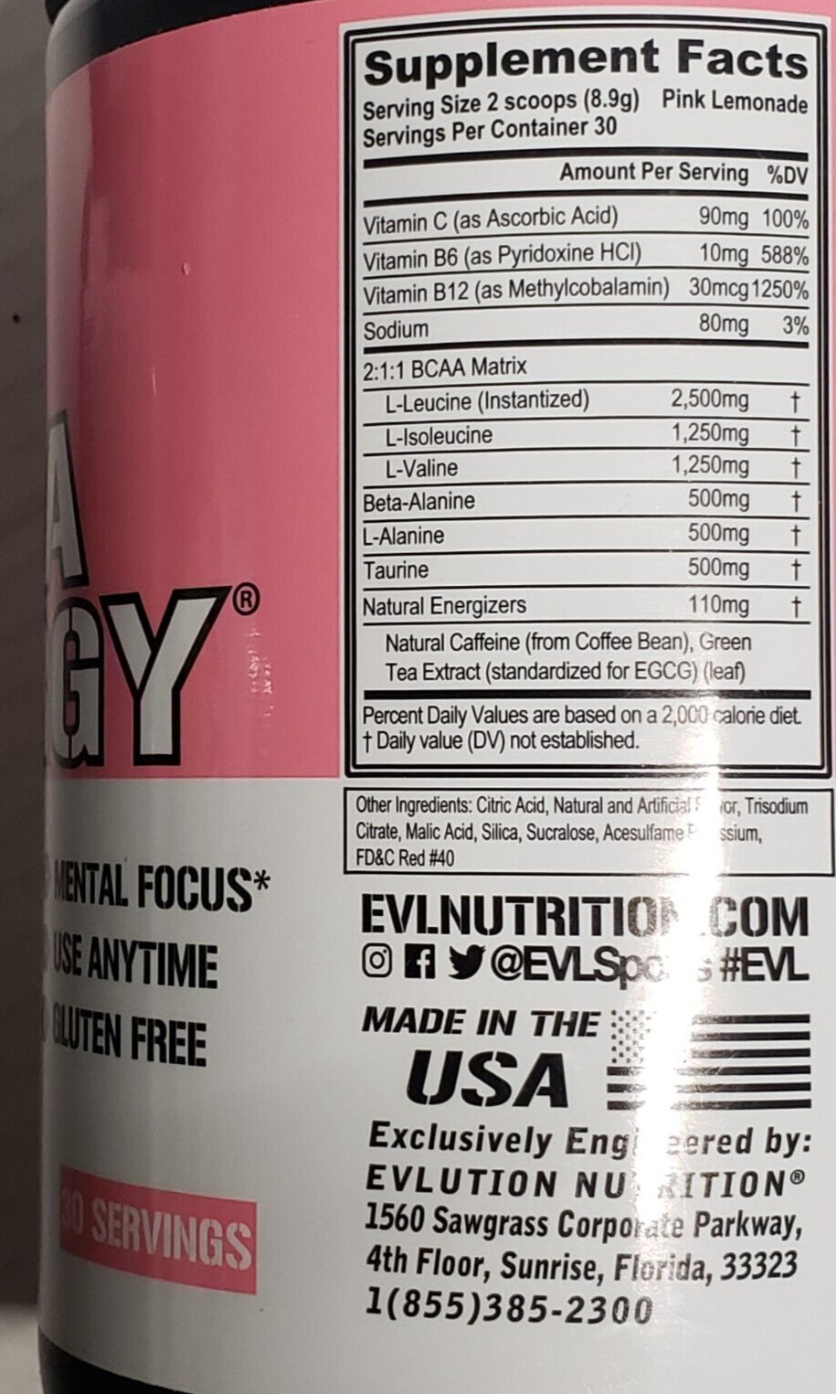 Evlution Nutrition BCAA Energy – PINK LEMONADE – 30 Servs – 9.42 oz – Ex 9/2025