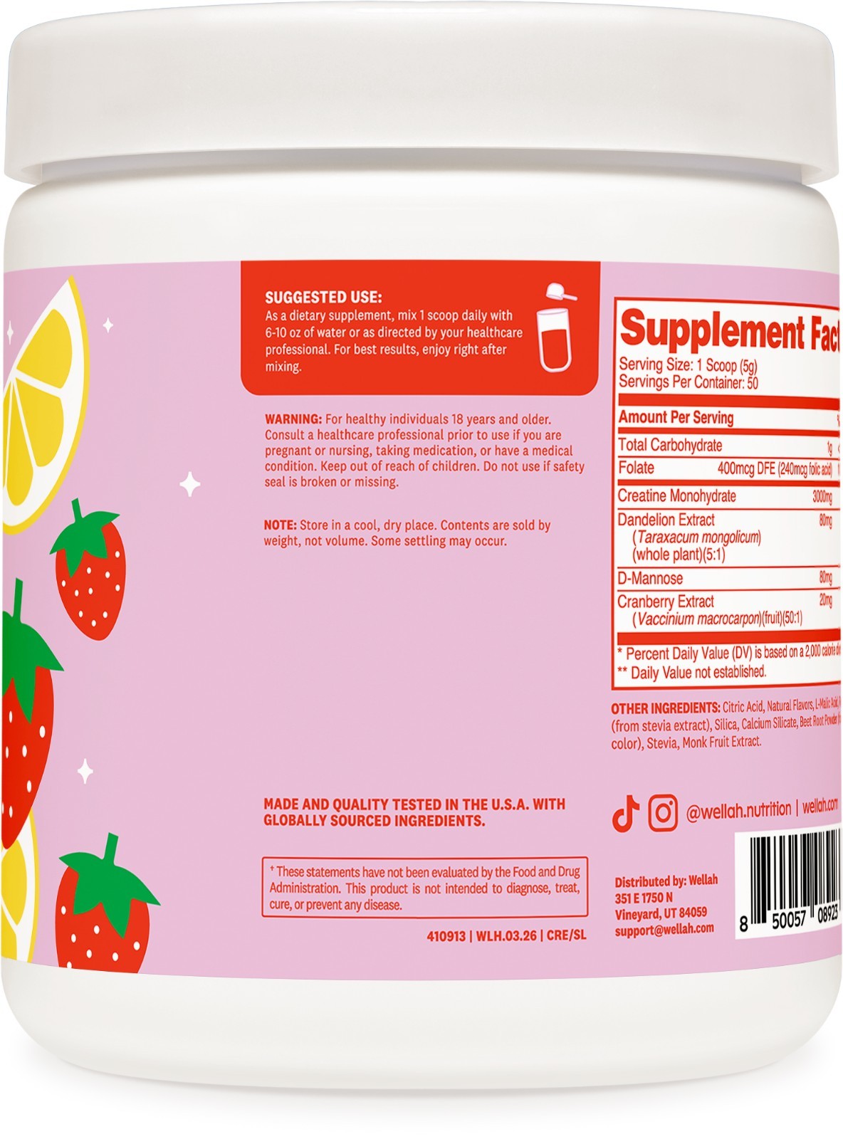 Wellah Pump-It-Up Creatine (50 Servings, Strawberry Lemonade)