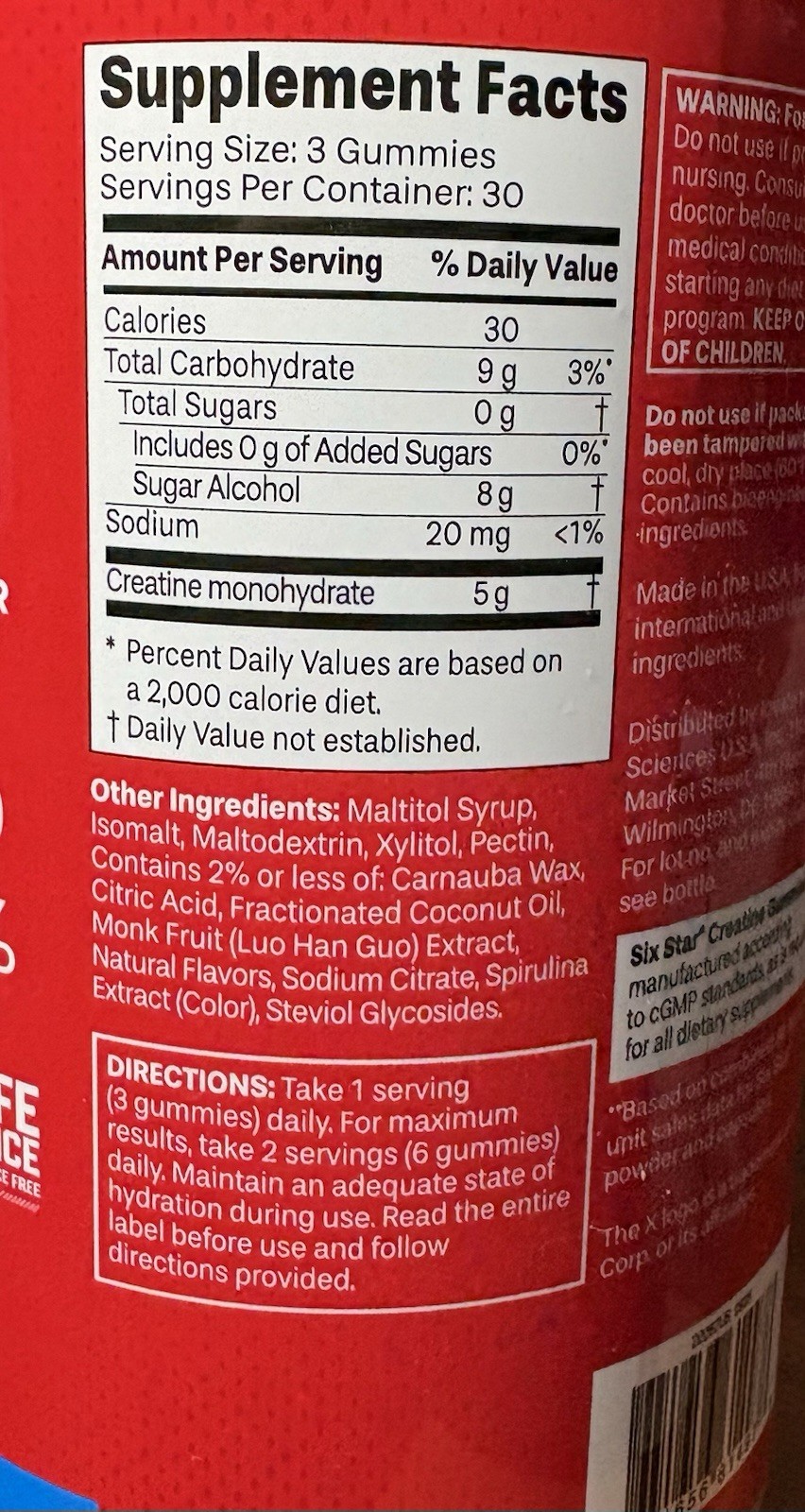 SIXSTAR Creatine Gummies 5g Monohydrate Sugar Free 90 Count Blue Raspberry NEW