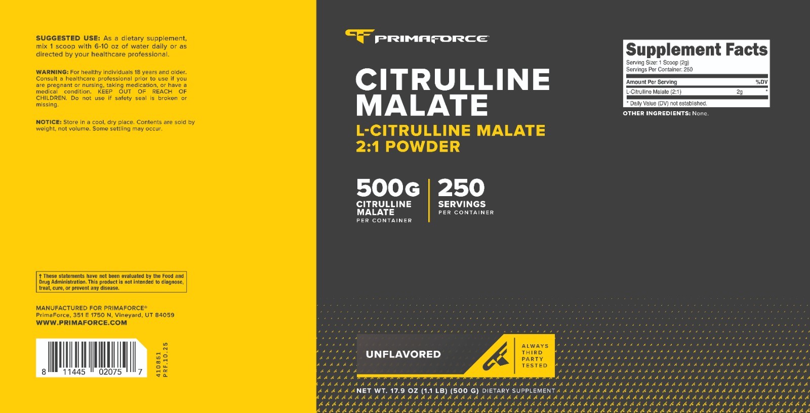 PrimaForce L-Citrulline Malate Powder, Unflavored Supplement, 500 grams