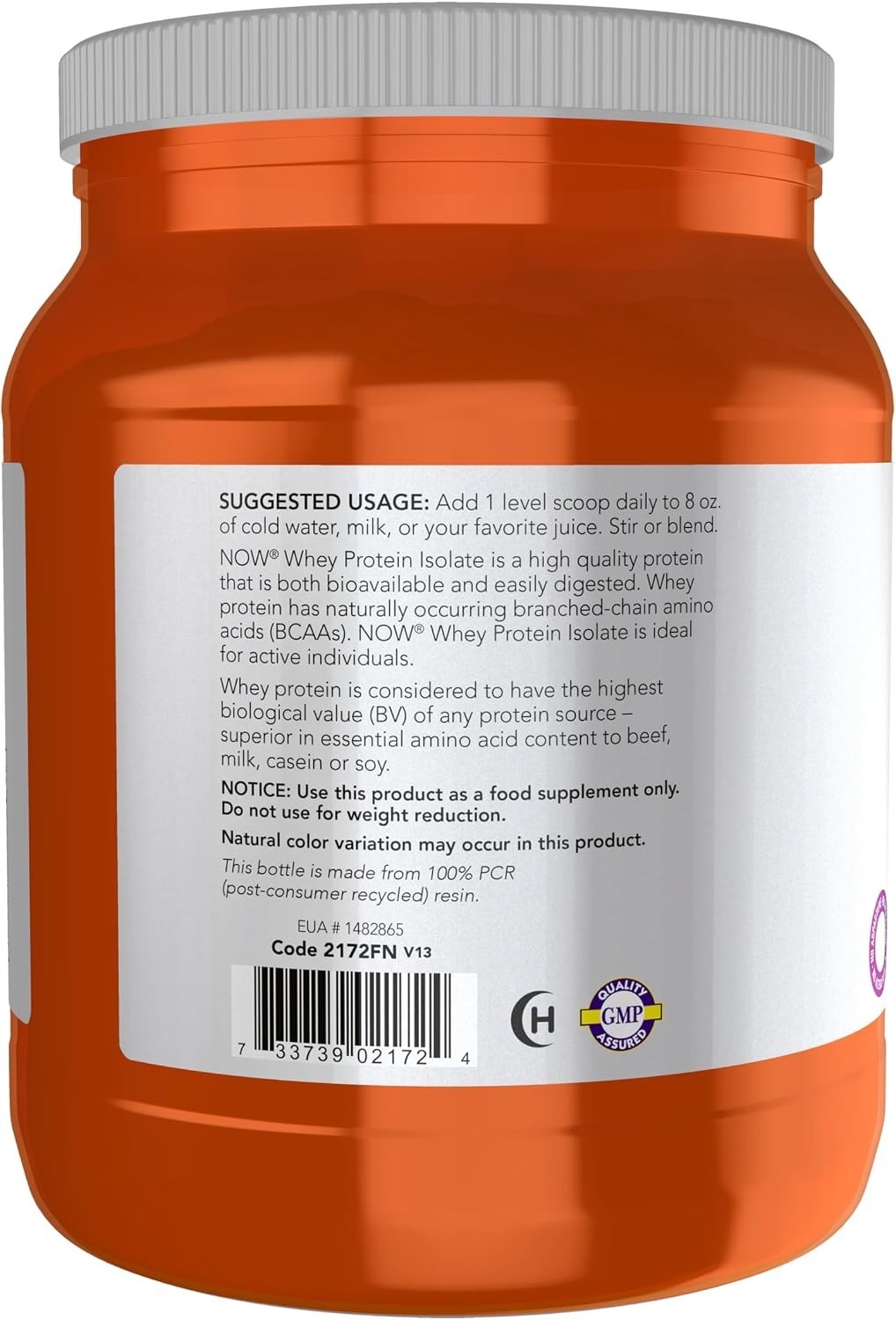 Whey Protein Isolate Powder 1.2 lb Unflavored 25g Protein BCAAs Sports Nutrition