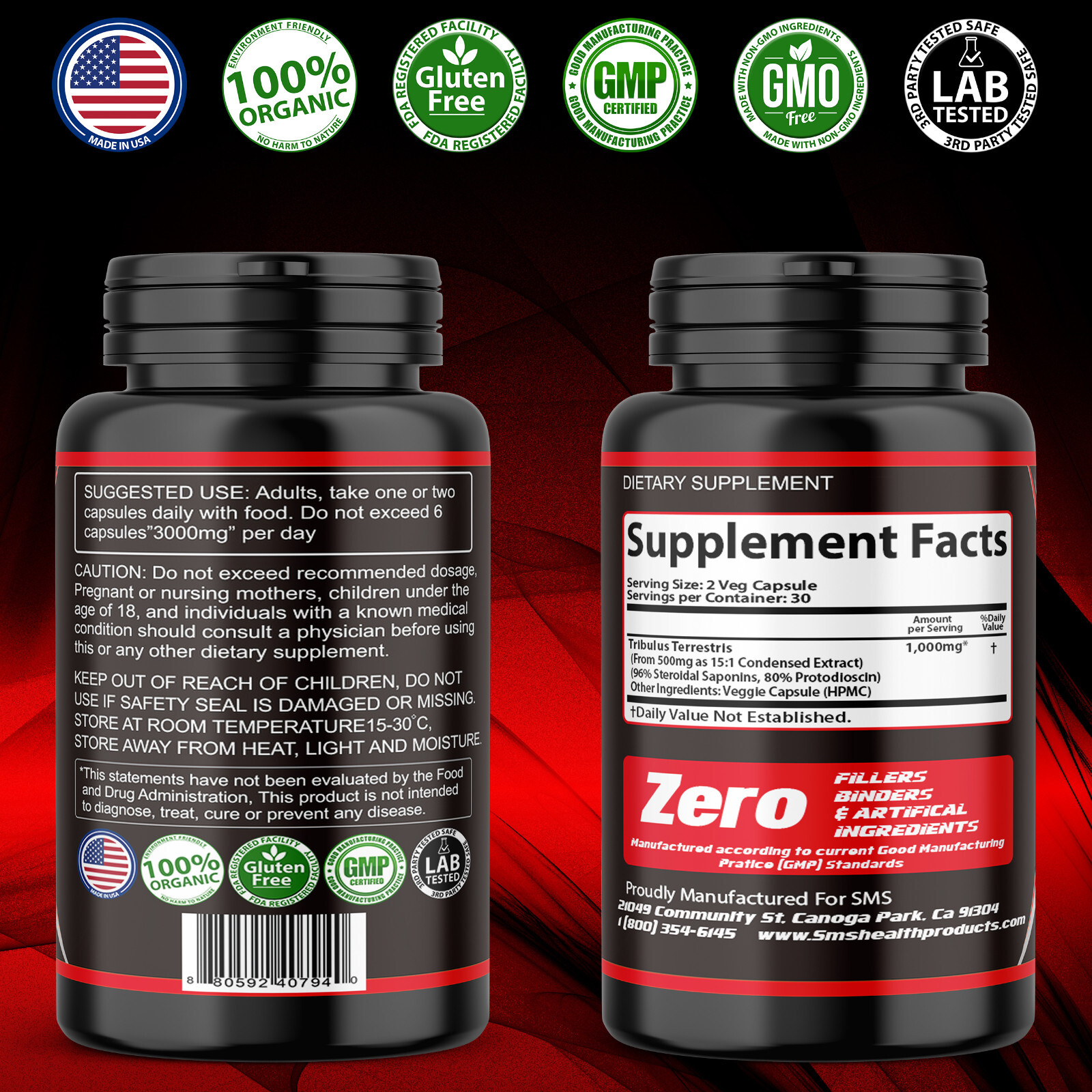 TRIBULUS TERRESTRIS 7500mg EXTRACT 96% SAPONINS BODY BUILD 30 CAPSULES
