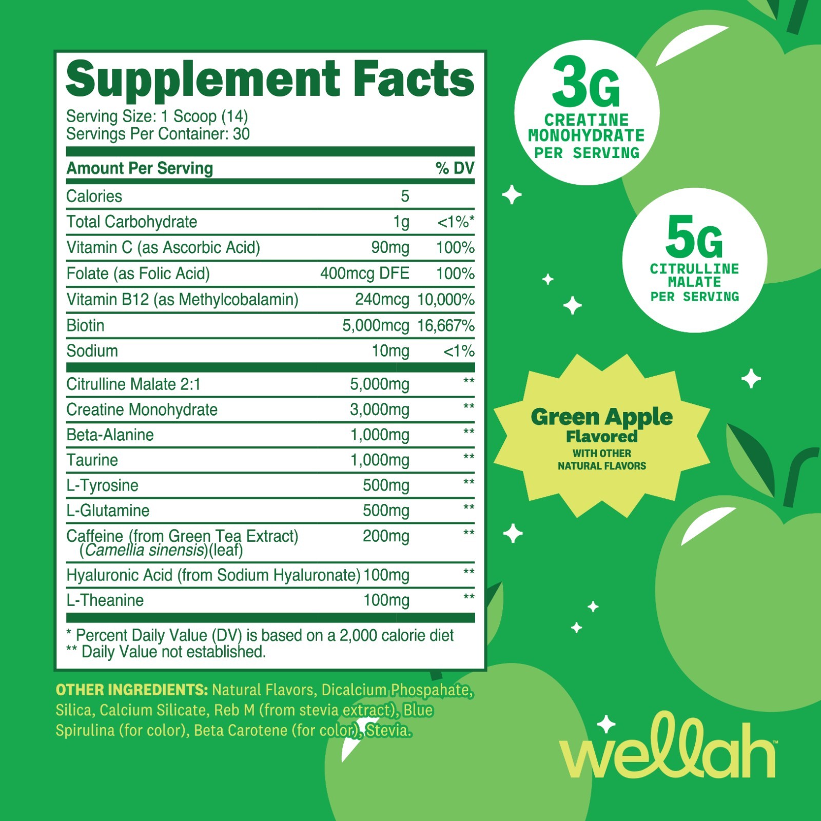 Wellah Pre-Workout + Creatine Powder (30 Servings) Green Apple – 200mg Caffeine