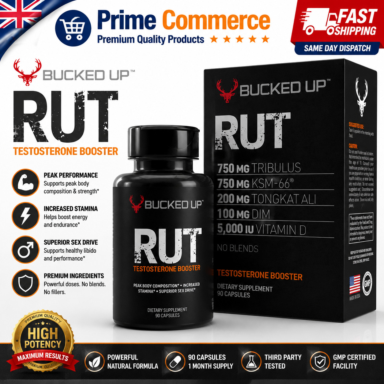 BUCKED UP RUT TESTOSTERONE BOOSTER 90 Capsules 30 Servings Hormone Balance Mood