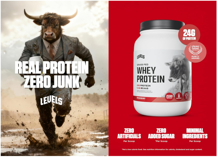 Levels Grass Fed Whey Protein Strawberry 2LB 24g Protein No Artificial