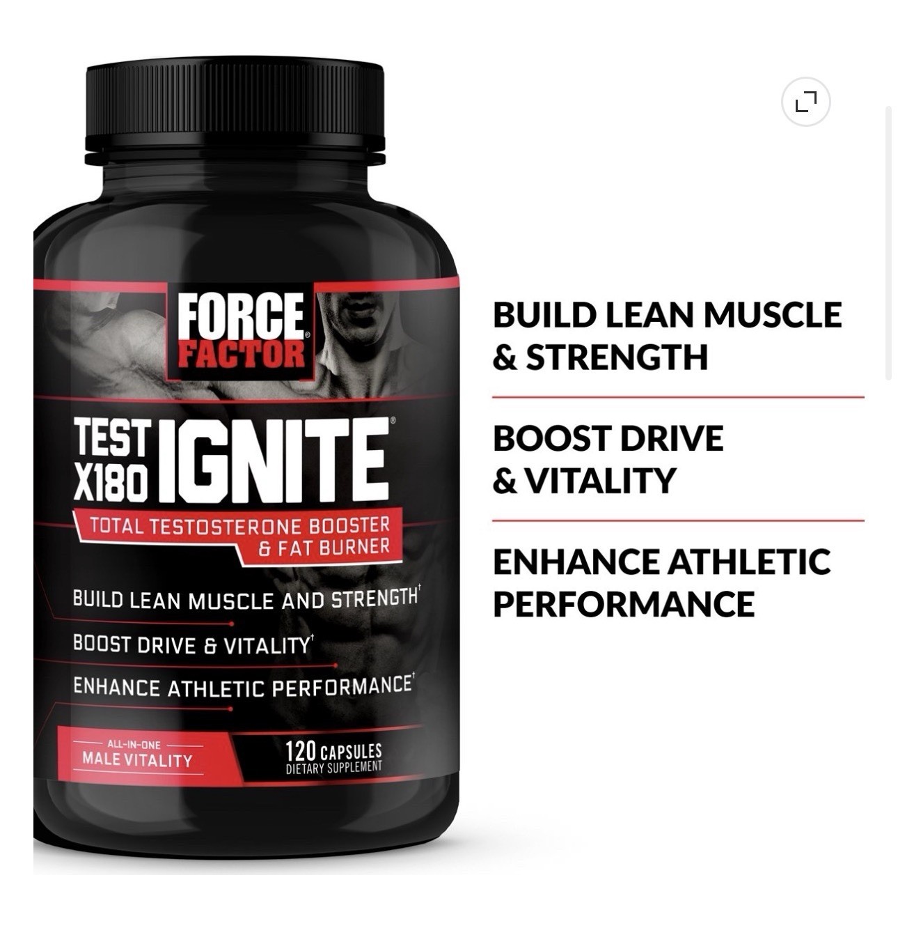 Force Factor Test X180 Ignite Total Testosterone Booster for Men | 120 Capsules