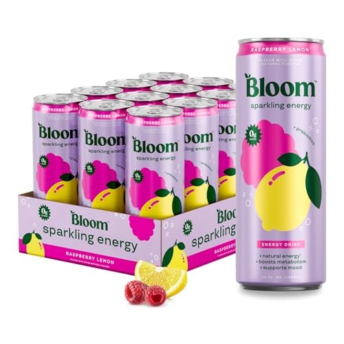 Bloom Nutrition Sparkling Energy Drink 12 Fl Oz (Pack of 12) Raspberry Lemon