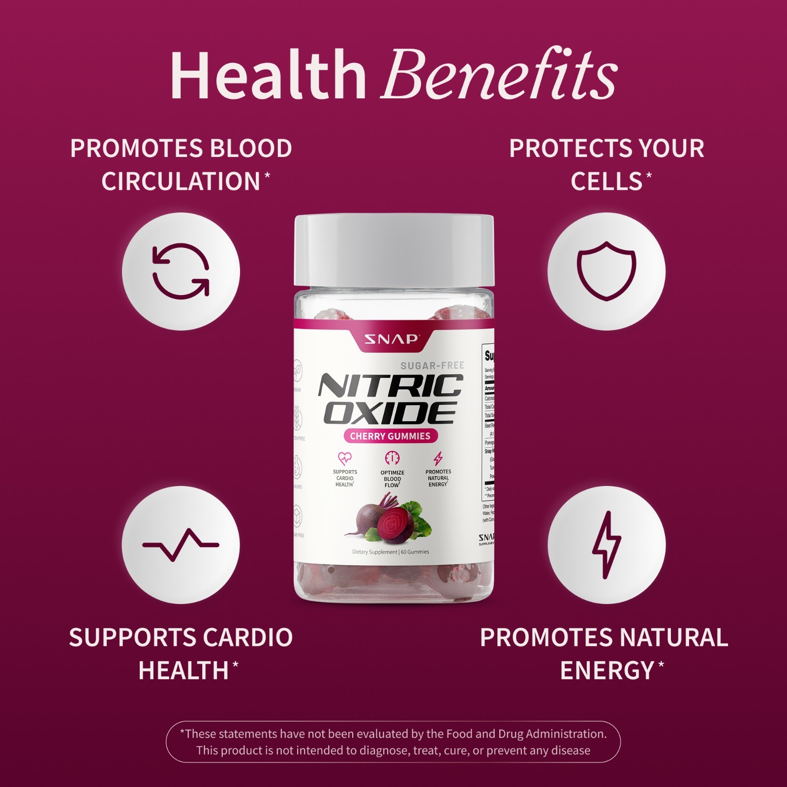 Snap Supplements Nitric Oxide Beet Root Gummies SF, Cherry & Peach, Heart Health
