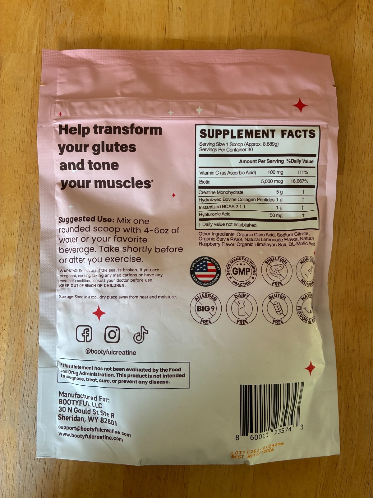 Bootyful Creatine for Women | Booty Builder | Raspberry Lemonade | 30 Servings