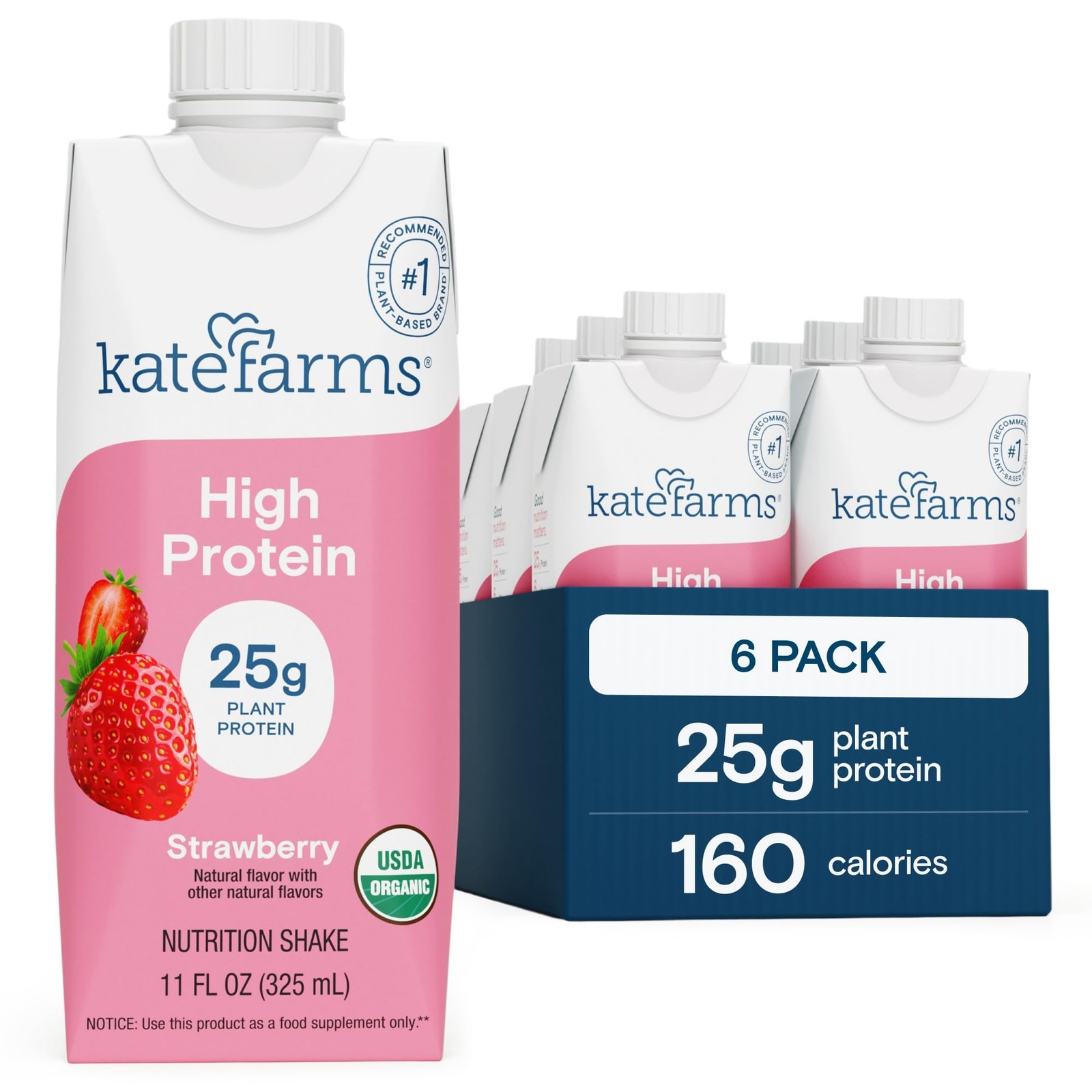 KATE FARMS Organic High Protein Strawberry Nutrition 11 Fl Oz (Pack of 6)