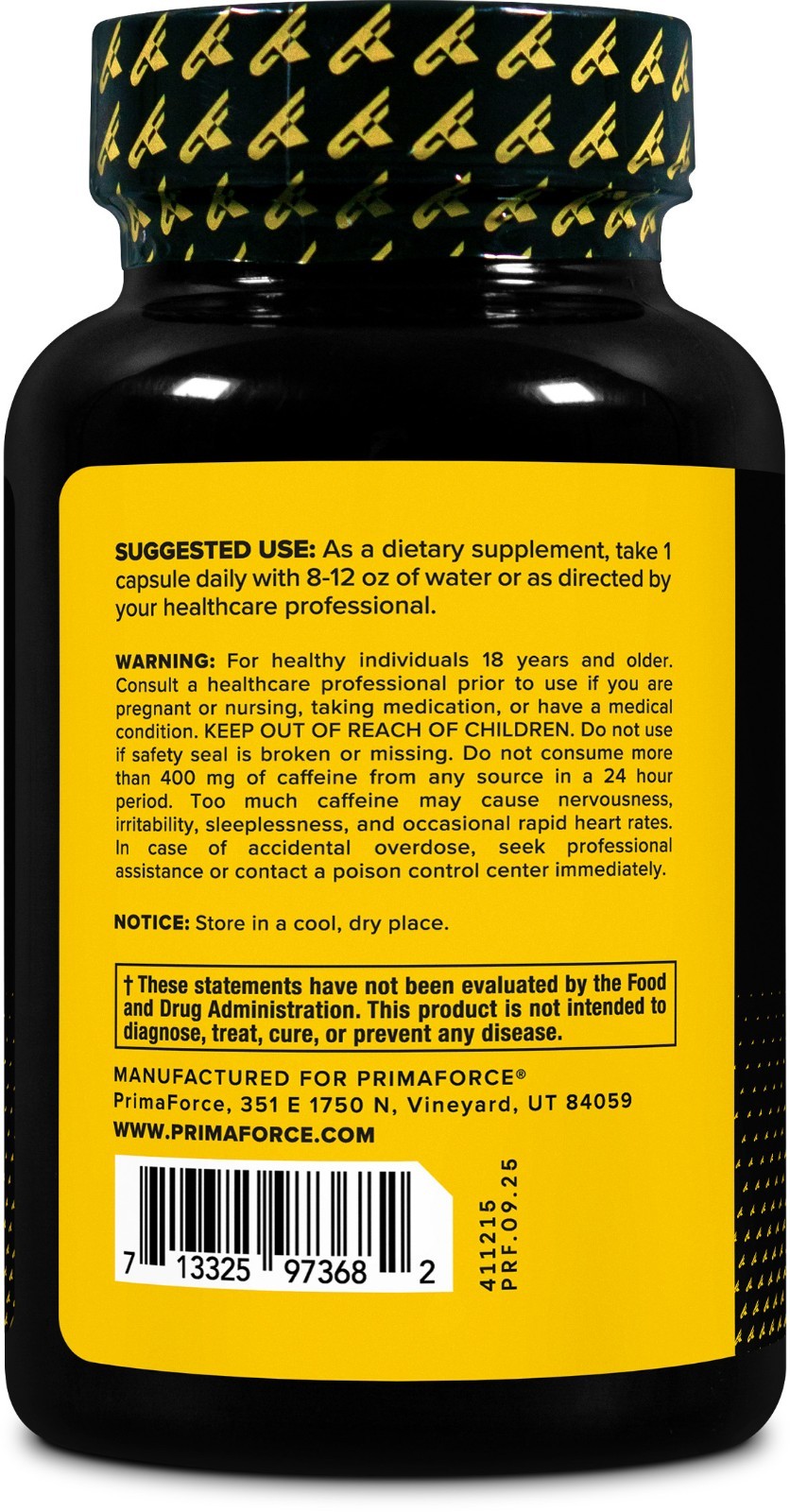 PrimaForce Caffeine Pills 200mg, 180 Capsules