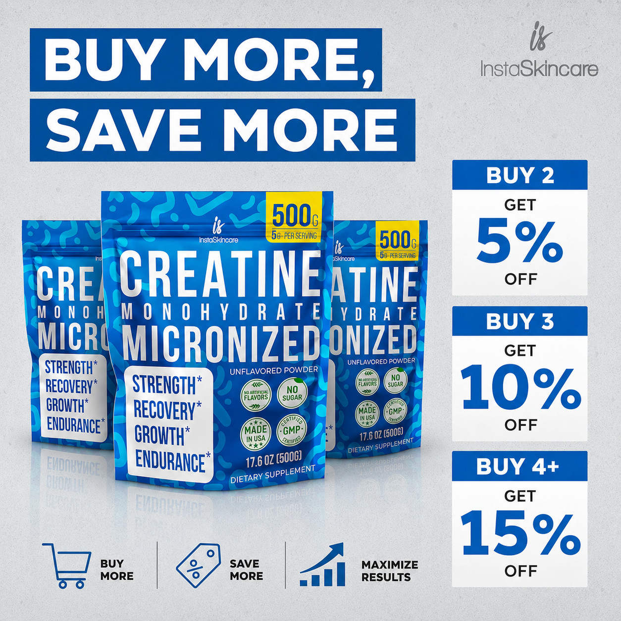 InstaSkincare Creatine Monohydrate Powder for Muscle Gain 1.1 LB