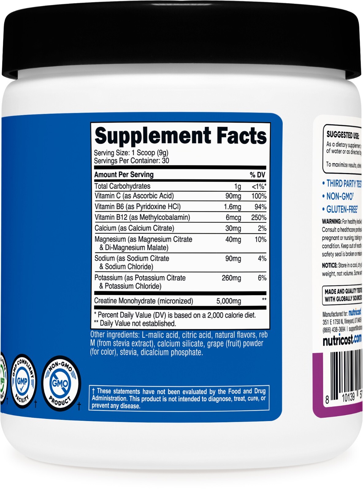 Nutricost Creatine Monohydrate + Hydration Grape Flavored, 30 Servings