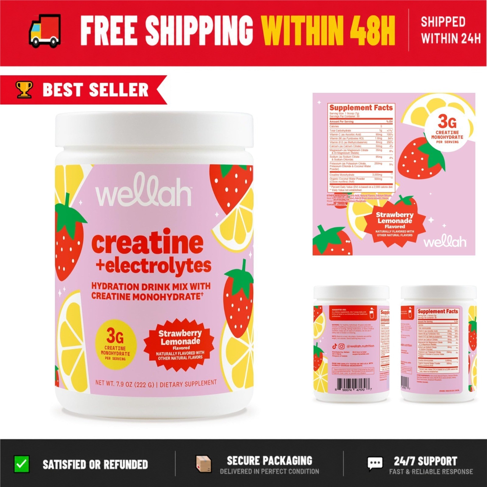Wellah Creatine + Electrolytes Powder Strawberry Lemonade 30 Servings