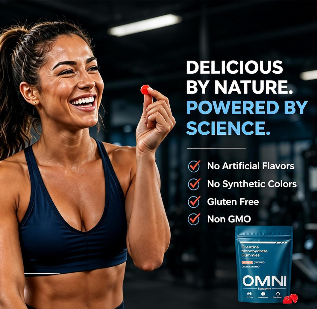 Omni Creatine Monohydrate Gummies Peach 30 Servings Watermelon Flavor 1g per Gum