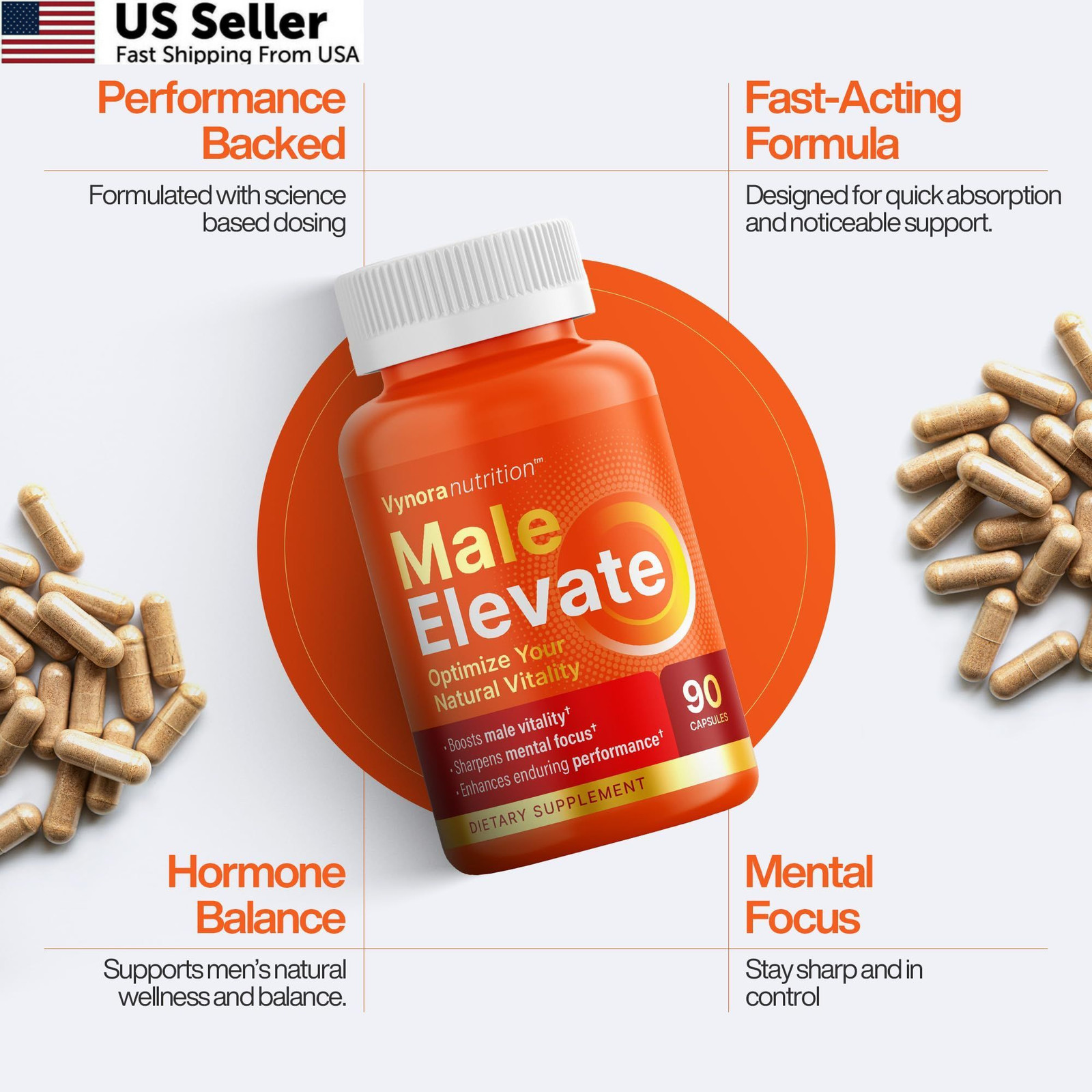 Testosterone Booster Supplement – Male Enhancing 90 Count (Pack of 1), Orange