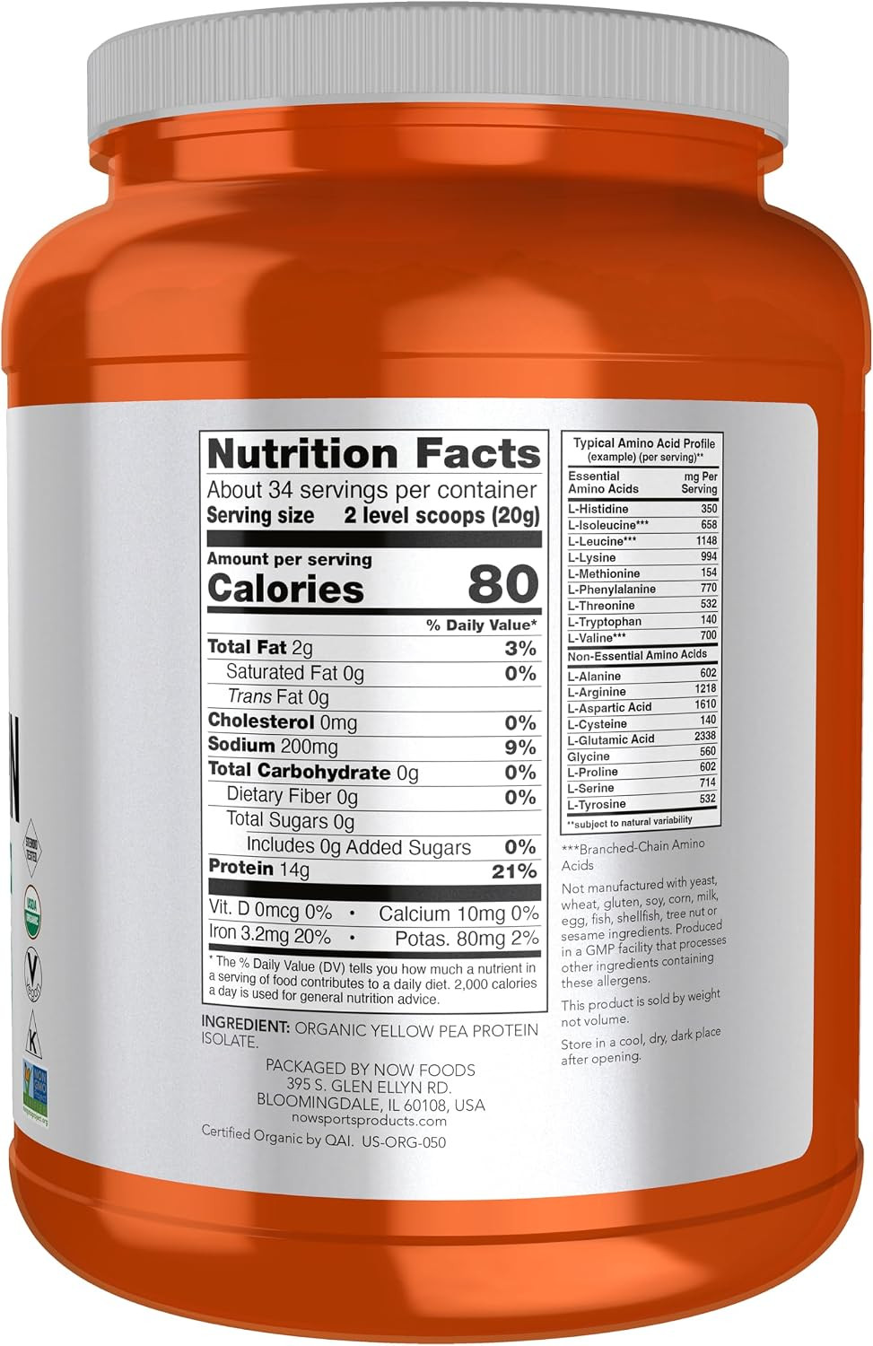 Sports Nutrition, Certified Organic Pea Protein 15 Grams, Unflavored Powder, 1.5