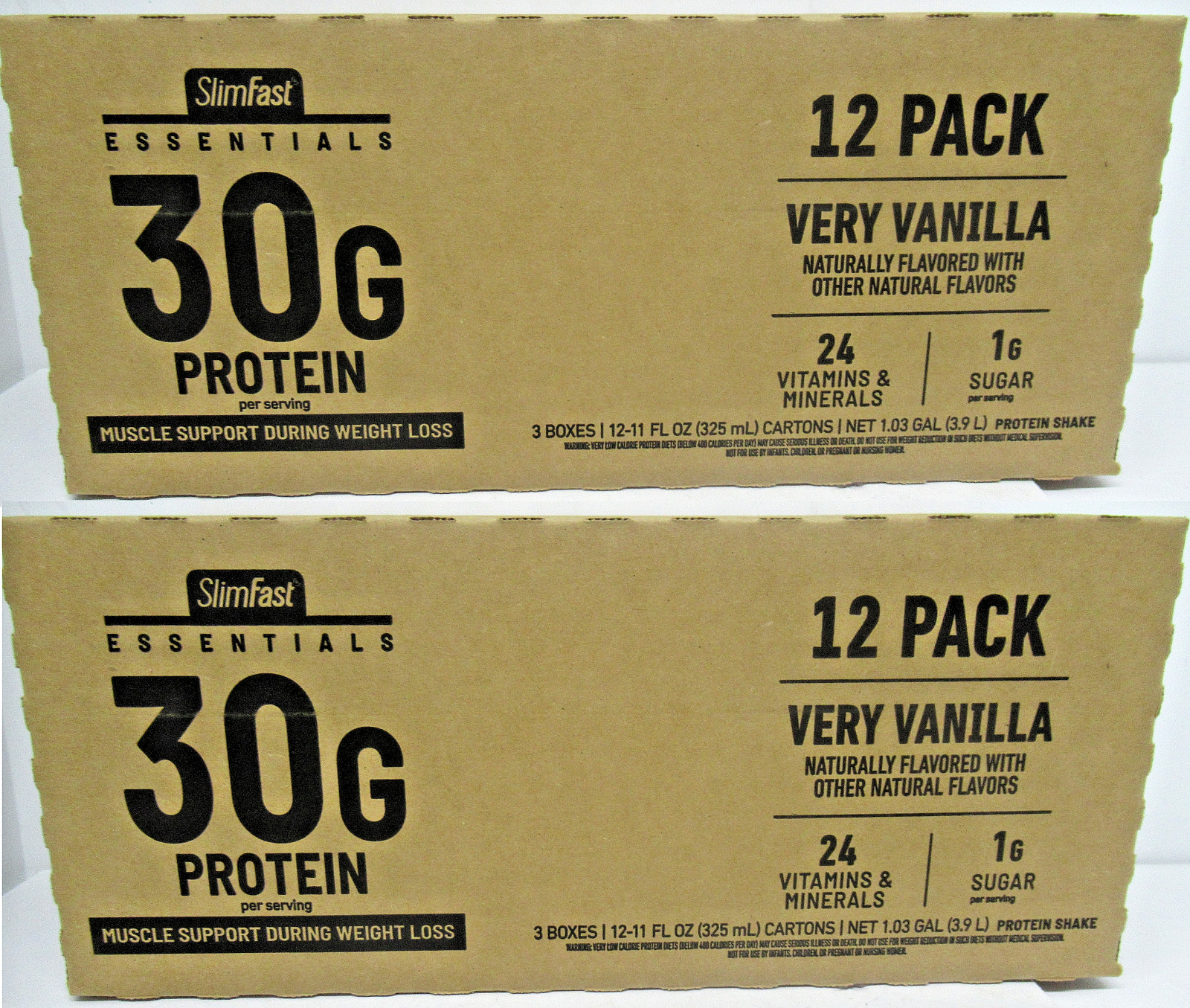 2x SlimFast Essentials 30g Very Vanilla Protein Shake 12 Count each