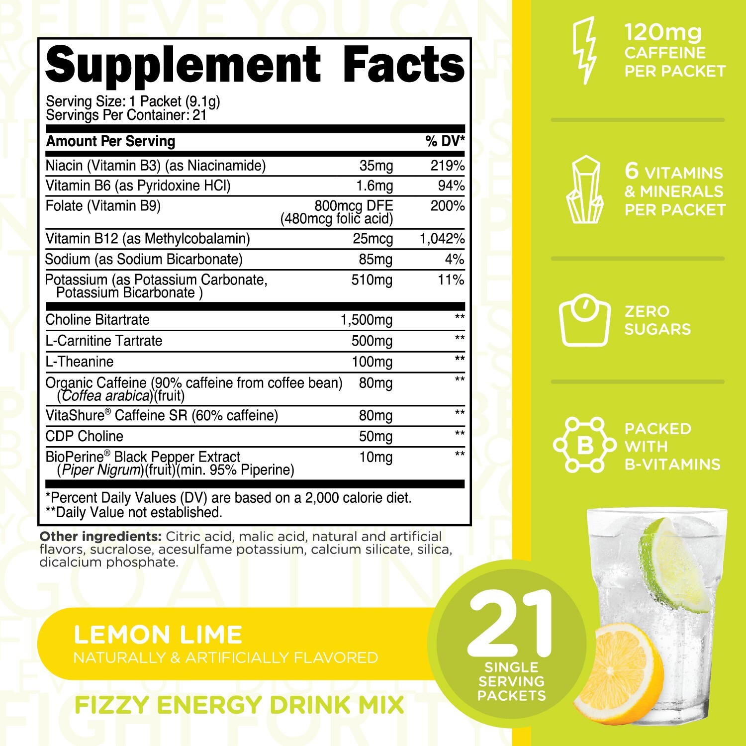 TransformHQ Bubble Boost Fizzy Energy Drink Mix (Lemon Lime Flavored) 21 Packets