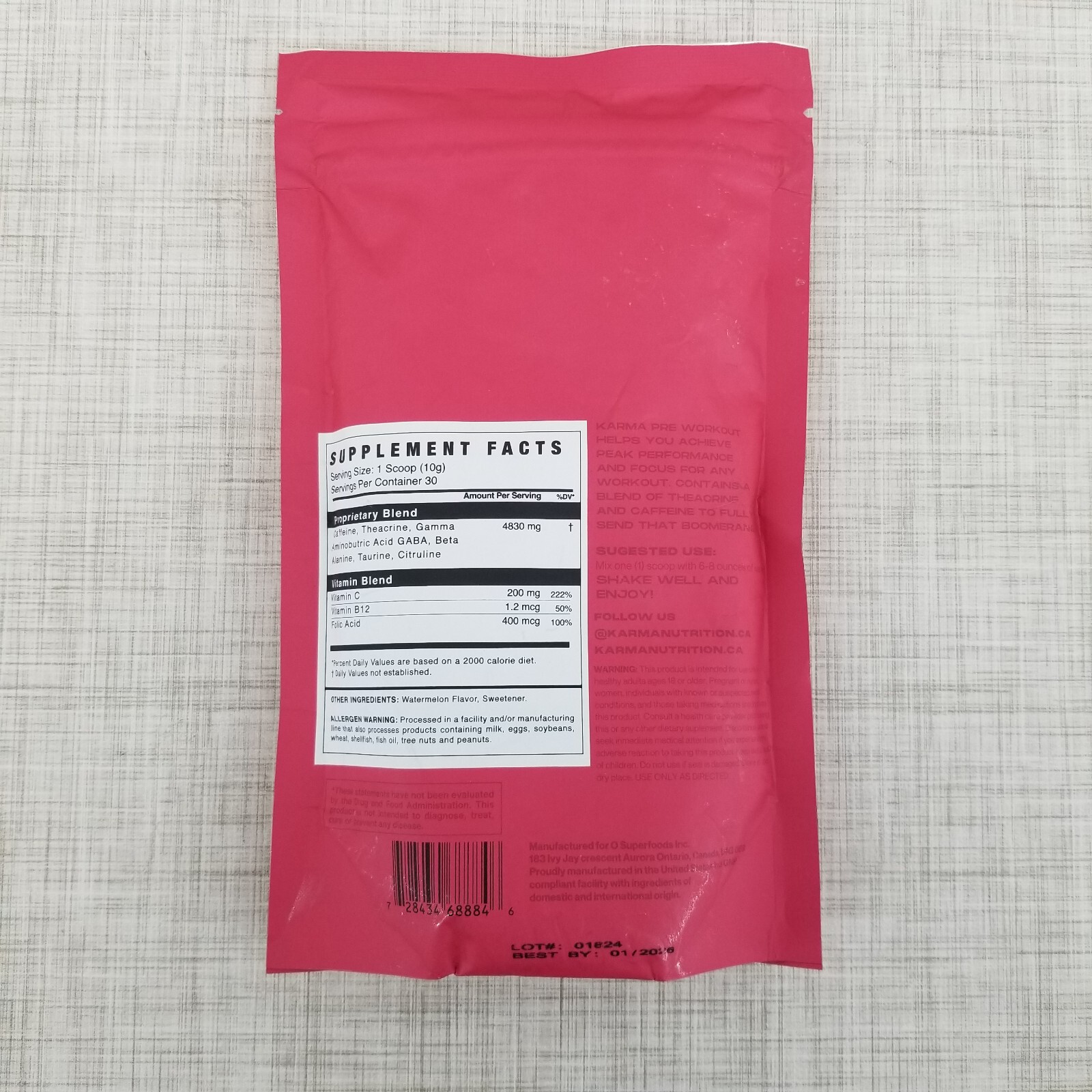 KARMA Pre Workout Watermelon Burst Drink Mix w/Caffeine Exp. 01/2026
