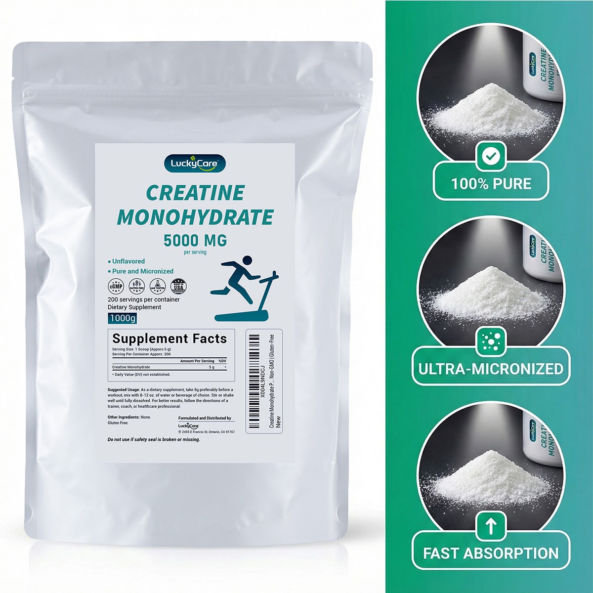 Creatine Monohydrate 100% Pure Powder 1000g (2.2 lb) Micronized 5g 200 Servings
