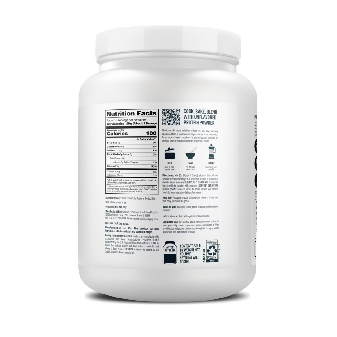 Isopure Zero Carb 100% Whey Protein Isolate Unflavored Protein Powder, 25g, 1lb