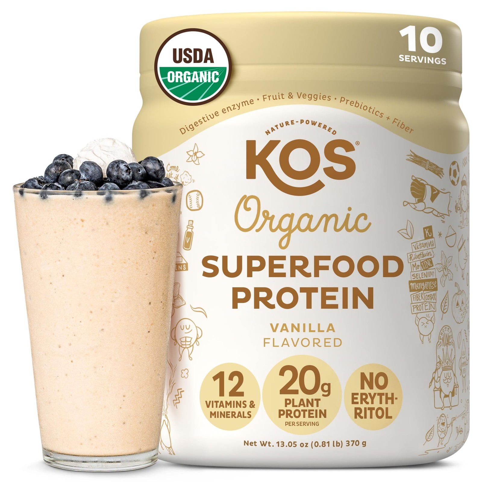 KOS Plant Based Protein Powder, Vanilla USDA Organic 13.05 Ounce (Pack of 1)
