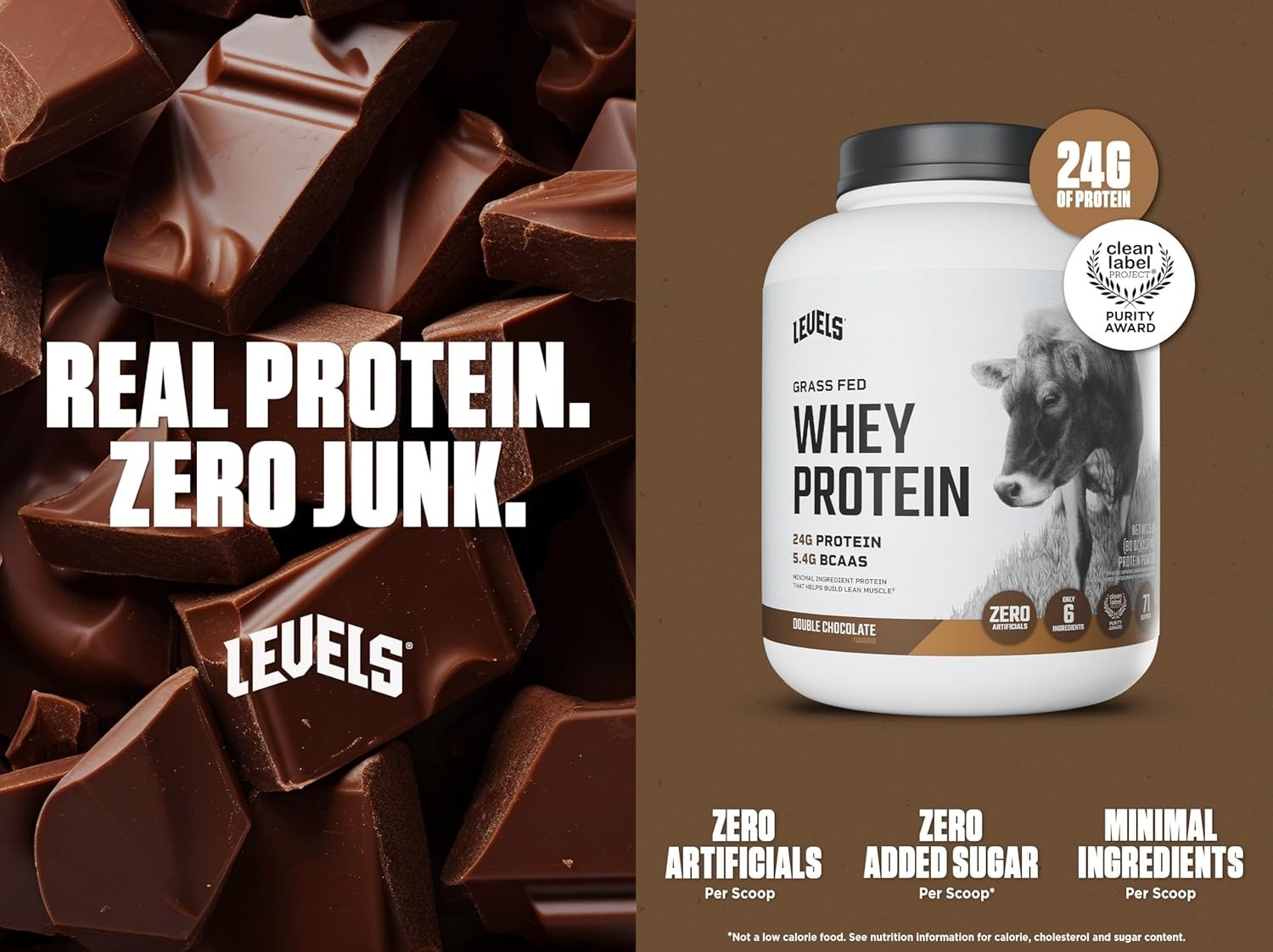 Levels Grass Fed Whey Protein Powder, No Artificials, 24G of Protein, Double Cho