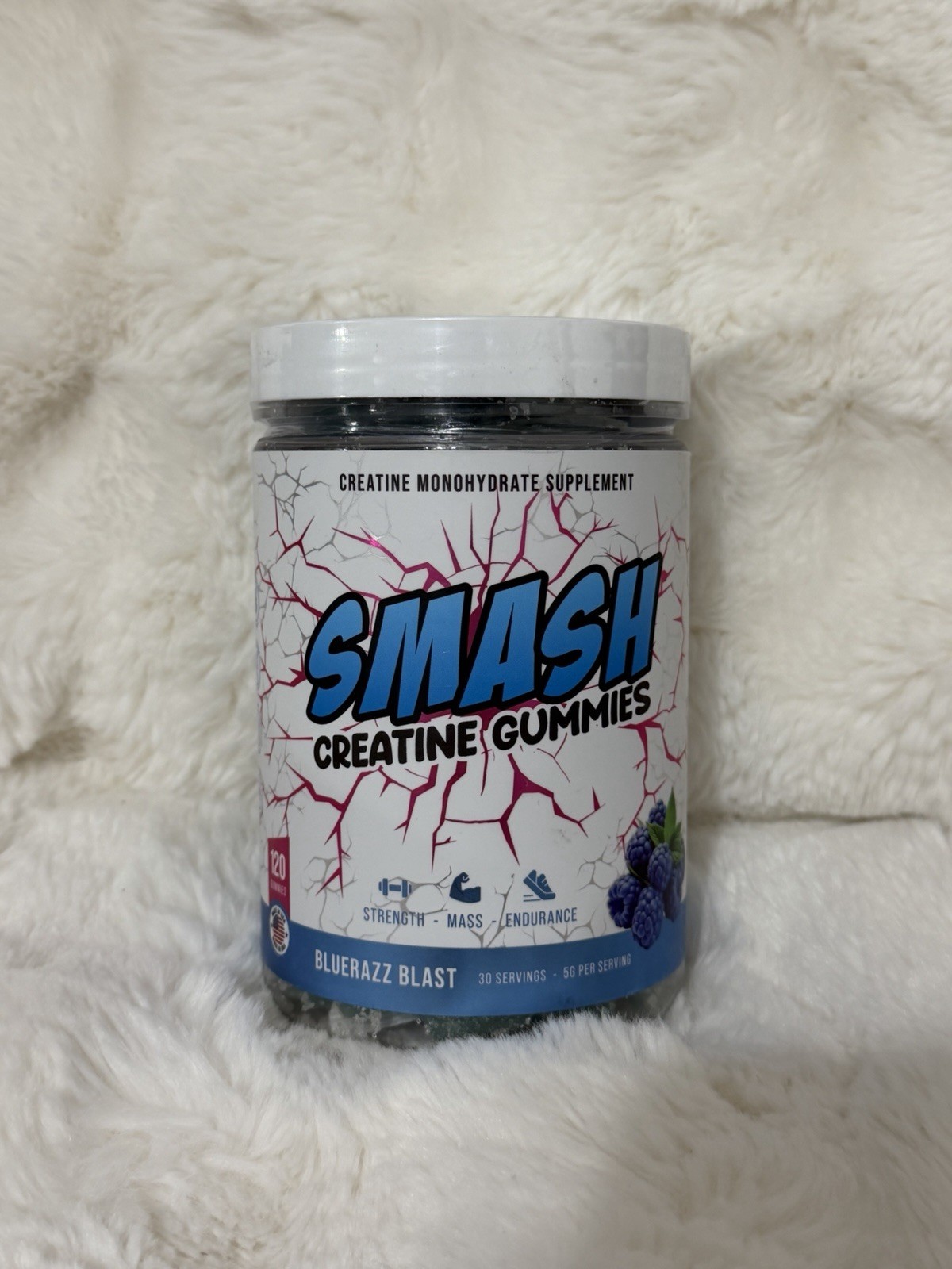 SMASH Creatine Gummies – 5 grams – Blue Raspberry Flavor – 120 gummies- USA Made