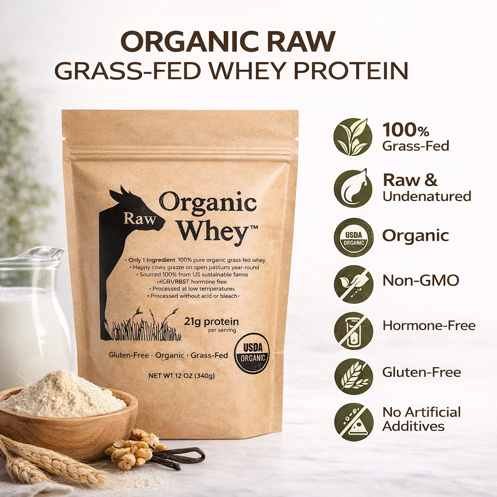 Organic Raw Whey Protein Powder Grass-Fed Unflavored Non-GMO Gluten Free 12 oz