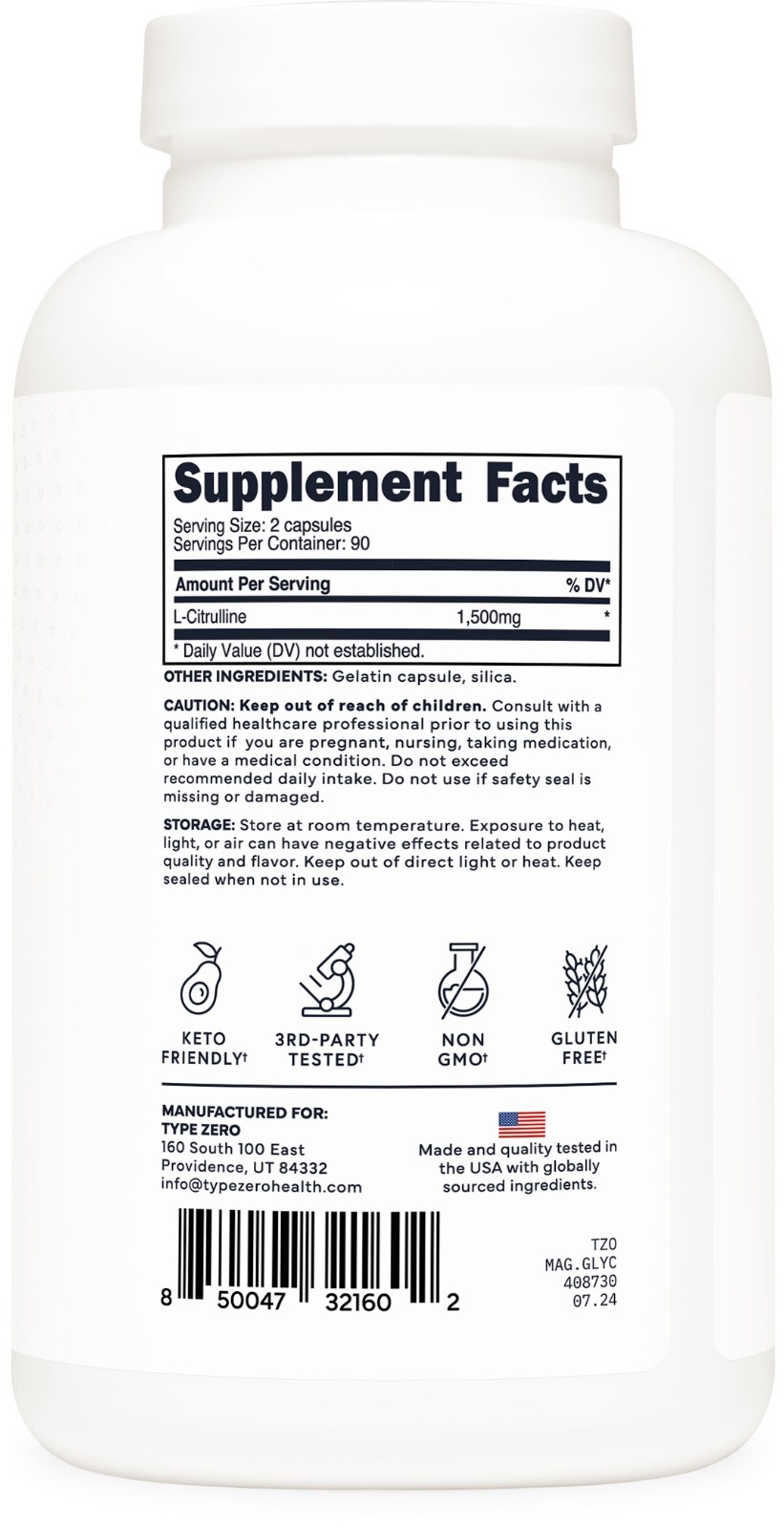 TypeZero L-Citrulline Capsules (180 capsules) (1500 mg per serving) – GMO-Free