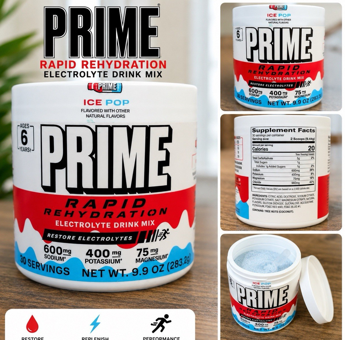 PRIME Electrolyte Drink Mix Powder Ice Pop, 9.9 oz (283g), 20 Servings