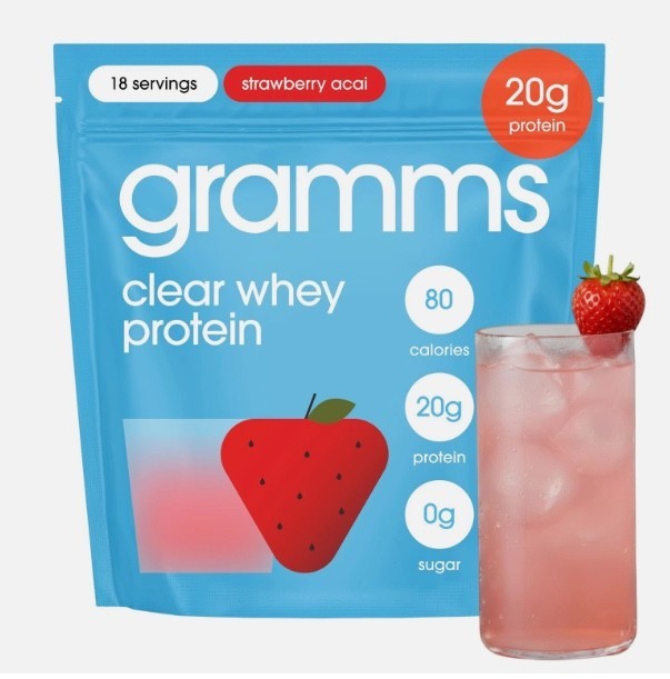 Gramms Clear Whey Protein Powder, Strawberry Acai Flavor, 20g Protein, 0 Sugar,