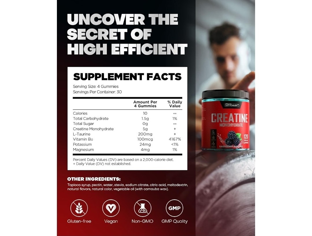 DRALOT Creatine Monohydrate Veggie Gummies 120 w/ Taurine & B12 Strength
