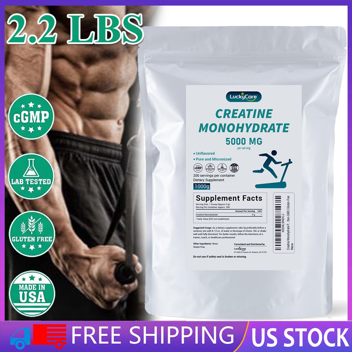 Creatine Monohydrate 100% Pure Powder 1000g (2.2 lb) Micronized 5g 200 Servings