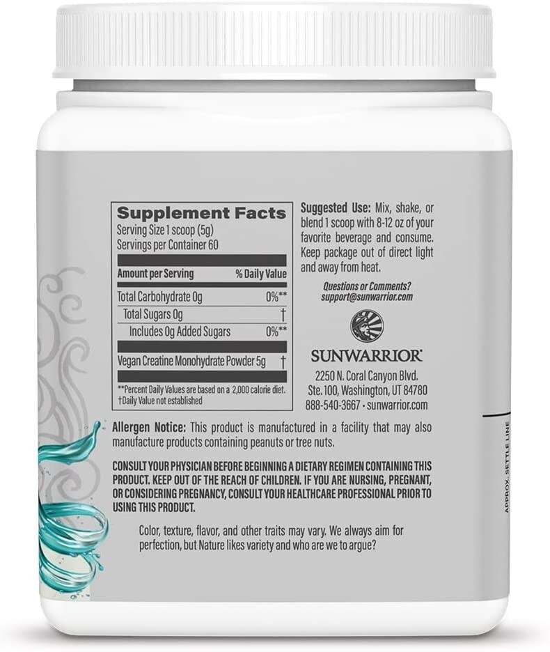 Sunwarrior Creatine Monohydrate Powder | Pre Workout, 300 Grams, 60 Servings