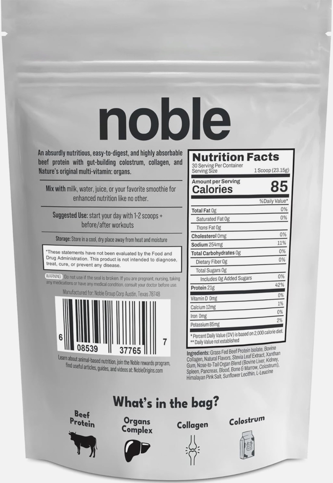 Noble Origin All-In-One Grass Fed Beef Protein Powder-Collagen-No Whey-msrp $79!