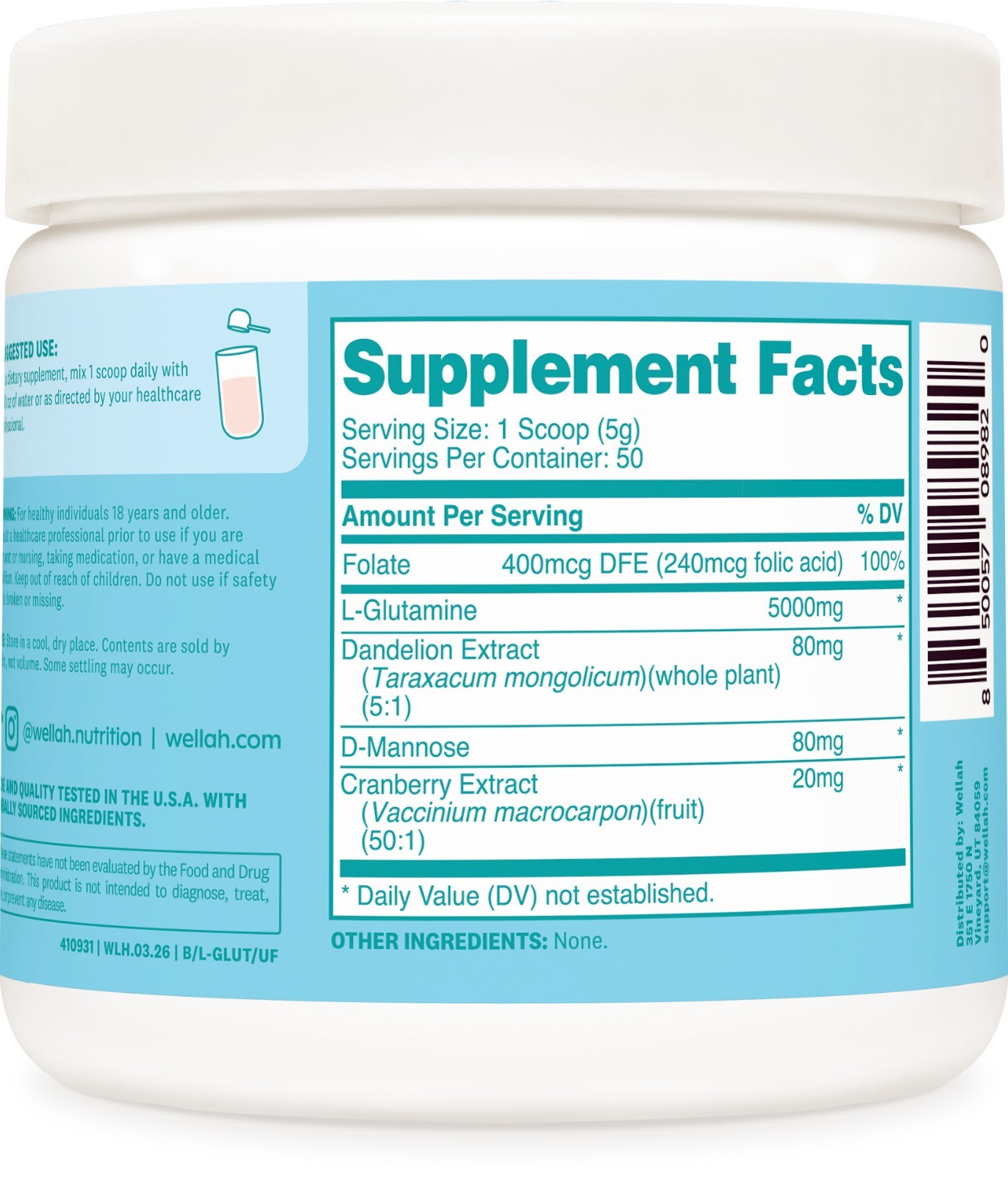 Wellah L-Glutamine Unflavored Powder (50 Servings) – 5g L-Glutamine Per Serving
