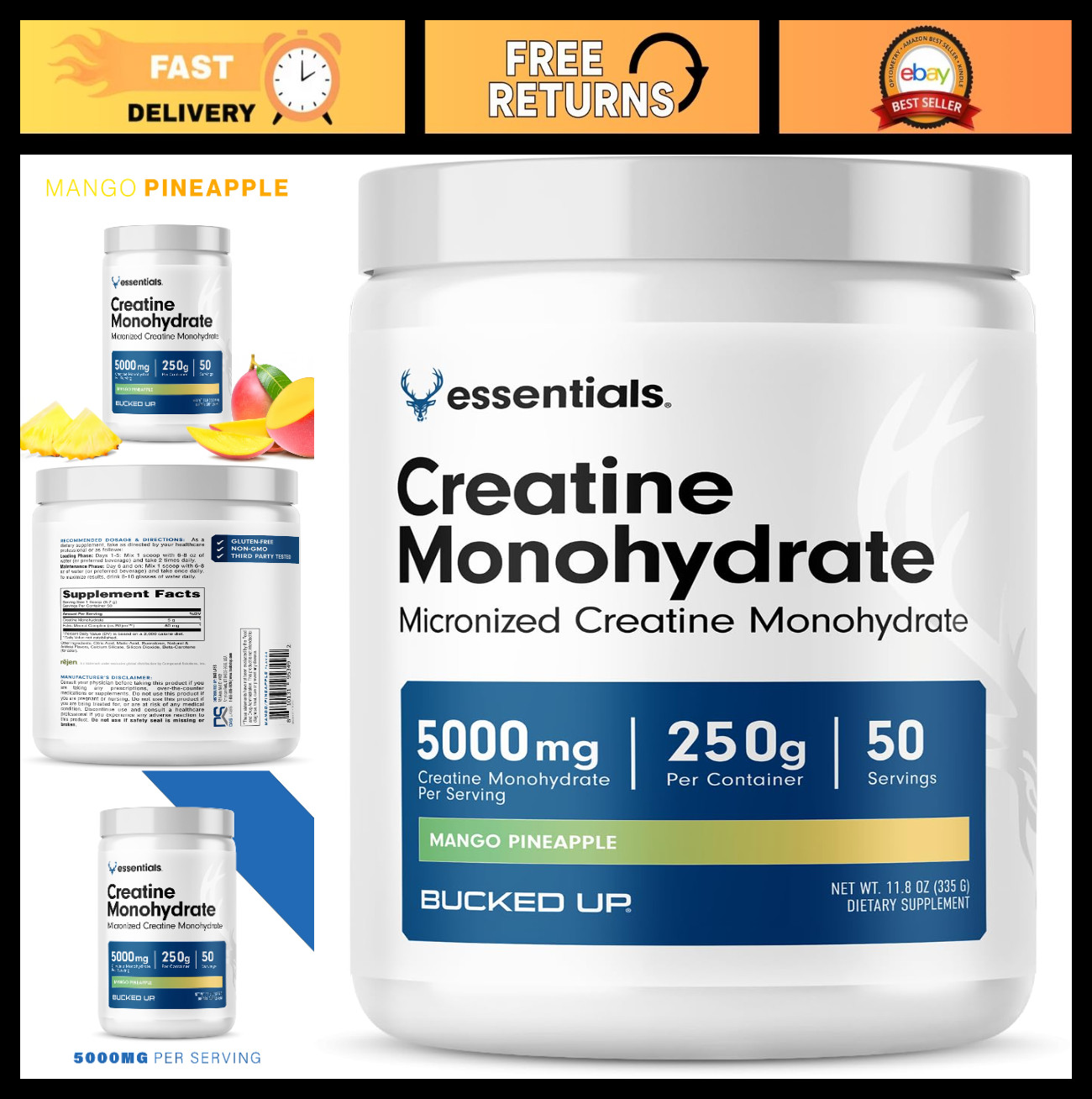 Mango Pineapple Creatine Monohydrate Powder – Easy Mix, Vegetarian, 5G/Serving,