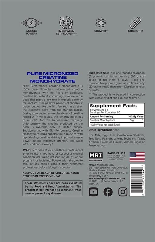 MRI Performance Creatine Monohydrate Powder 300g-Pure Micronized Creatine-60serv