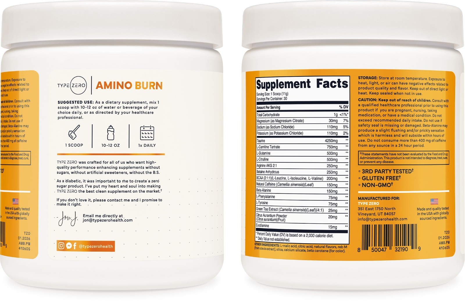 Type Zero Amino Burn (Peach Mango) 30 Servings – Pre Workout with Vegan BCAAs