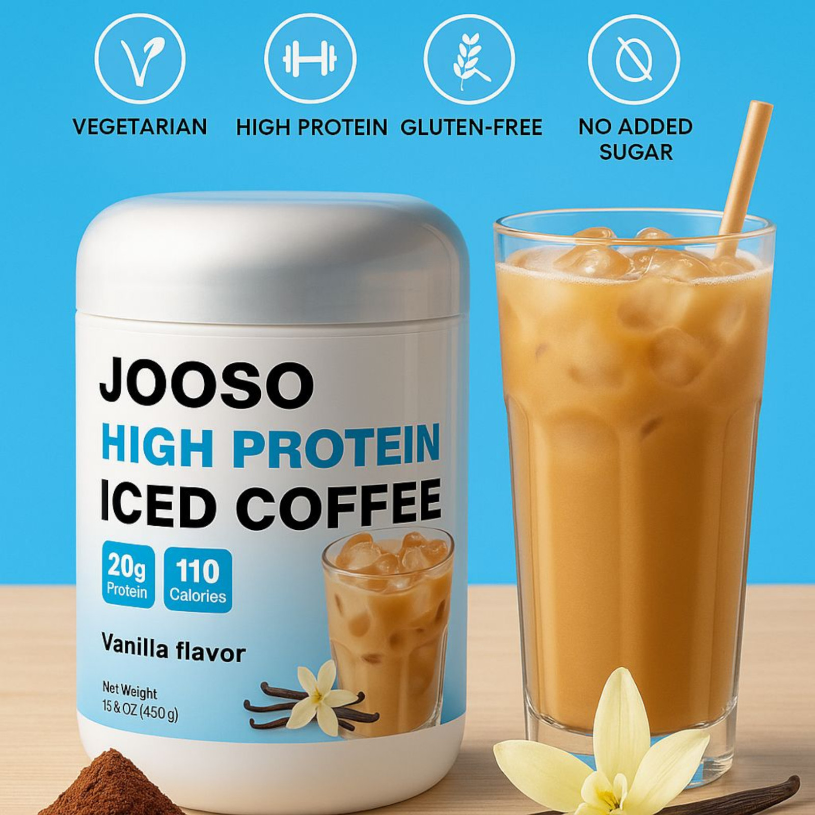 Jooso High Protein Iced Coffee, vanillaflavor, 15.87 oz (450g)