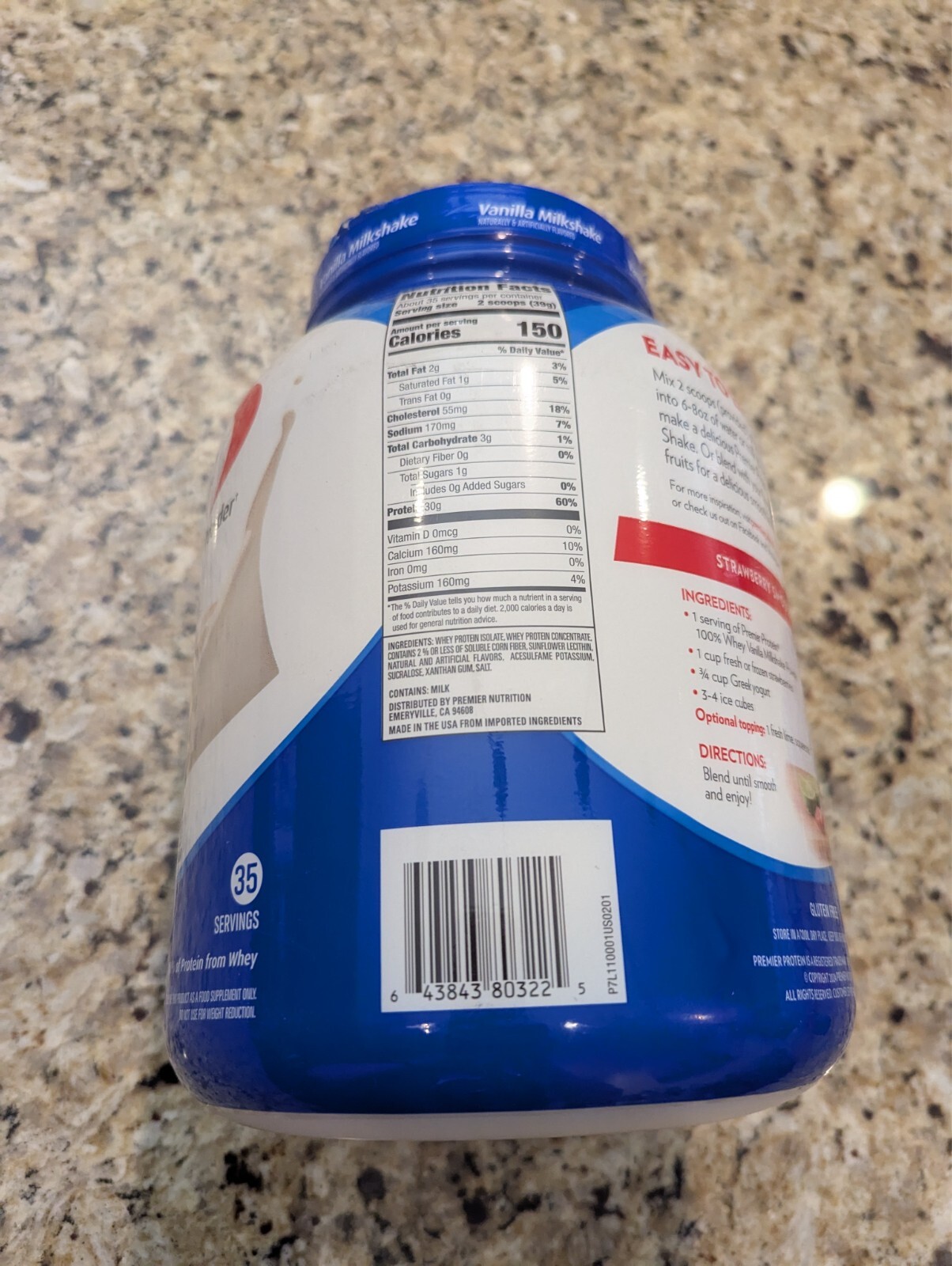 Premier Protein 100% Whey Protein Powder 30g Vanilla Milkshake 48.3 oz exp: 2/27