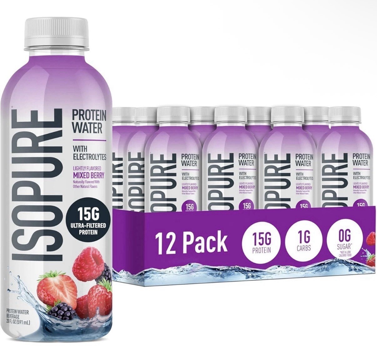 Isopure 15g Ultra-Filtered Protein Water: Mixed Berry Electrolytes- 12 Pack 20oz