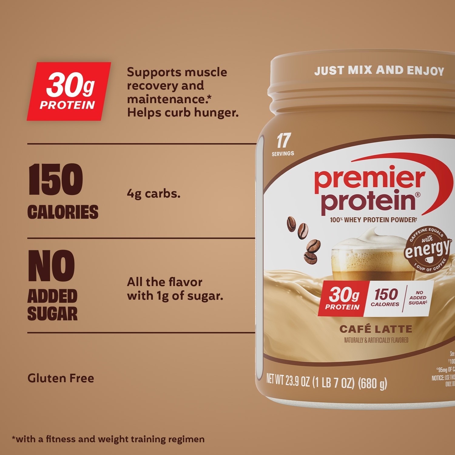 Premier Protein 100% Whey Protein Powder, Café Latte, 30g Protein, 23.9 oz, 1.5l