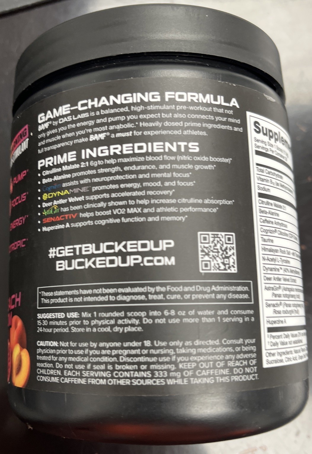 BUCKED UP NOOTROPIC PRE-WORKOUT PEACH POM HIGH STIM 30 SERV – 12.5 OZ EXP. 10/27