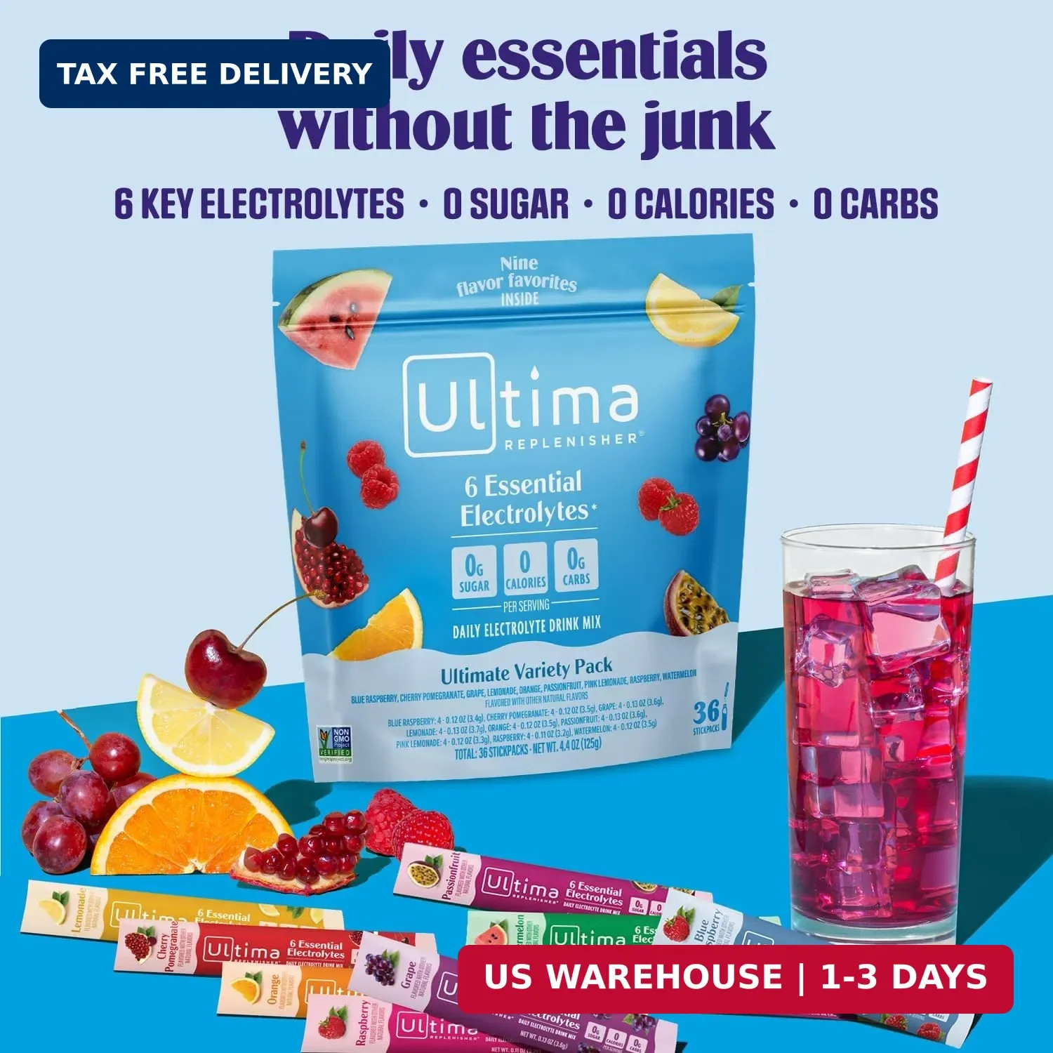Ultima Replenisher Daily Electrolyte Powder – Ultimate Variety Pack, 36 Stickpac