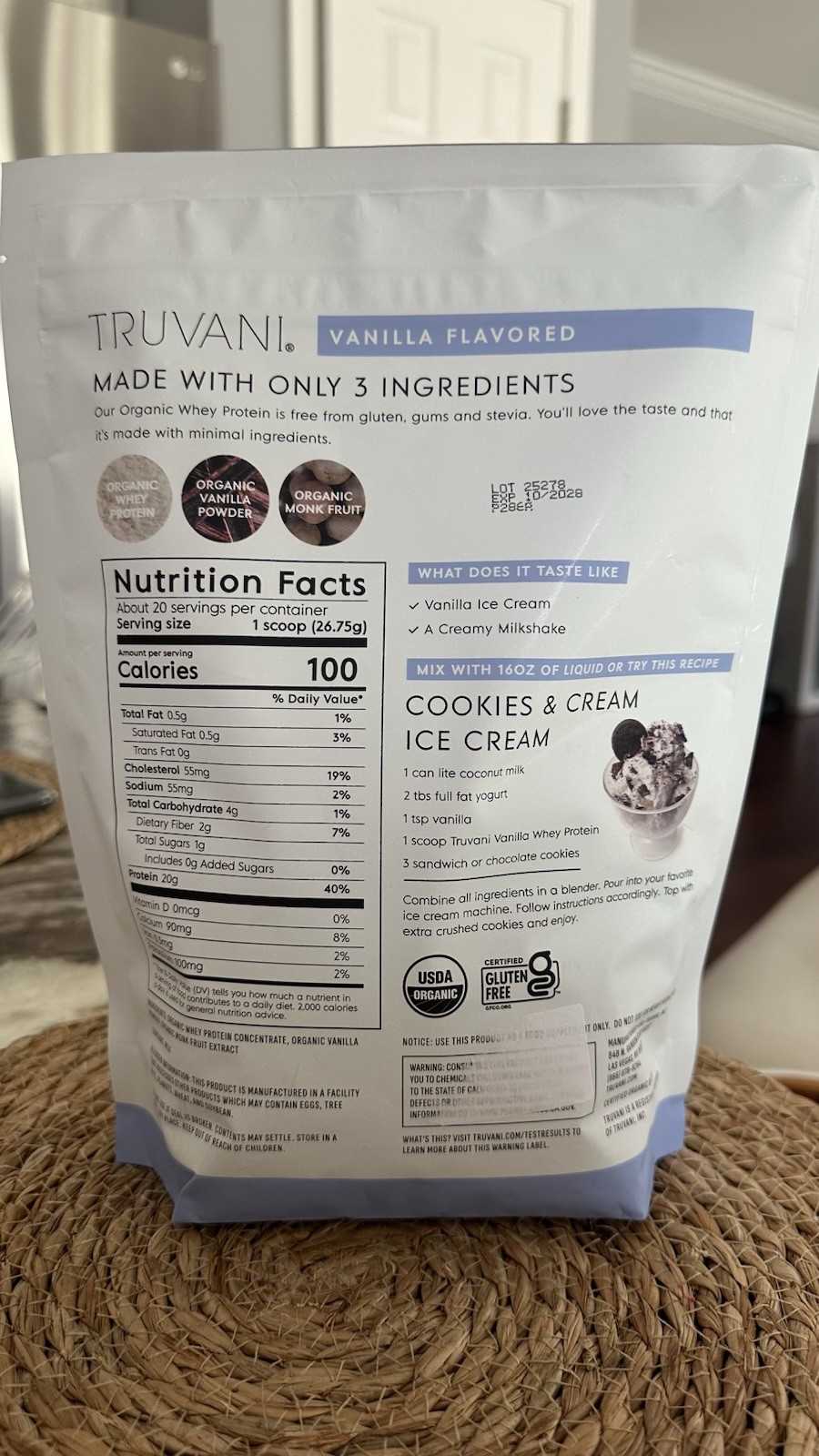 Truvani Organic Whey Protein Powder Vanilla, Non-GMO,Gluten-Free,18.87oz,Exp2028