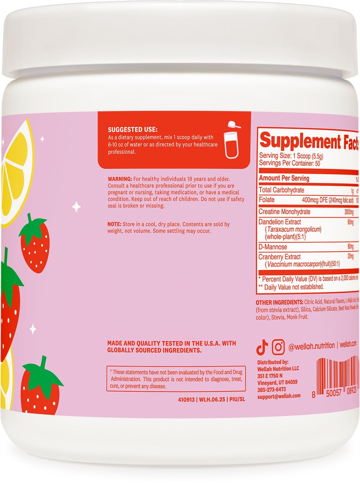 Wellah Creatine for Women 50 Servings, Strawberry Lemonade – Creatine