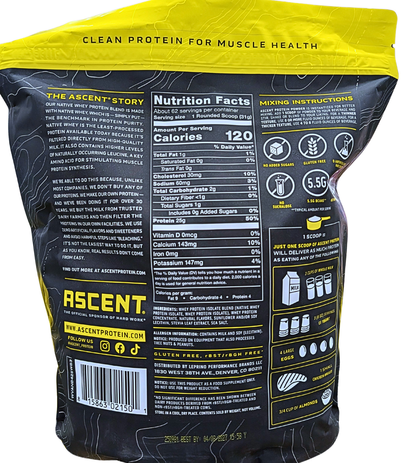 Ascent 100% Whey Protein Vanilla Bean 4.25 Lbs EXP 04/2027